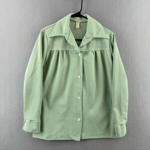 Vintage 70s‎ Shirt Womens Medium Mint Green Polyester Dagger Collar Grandma